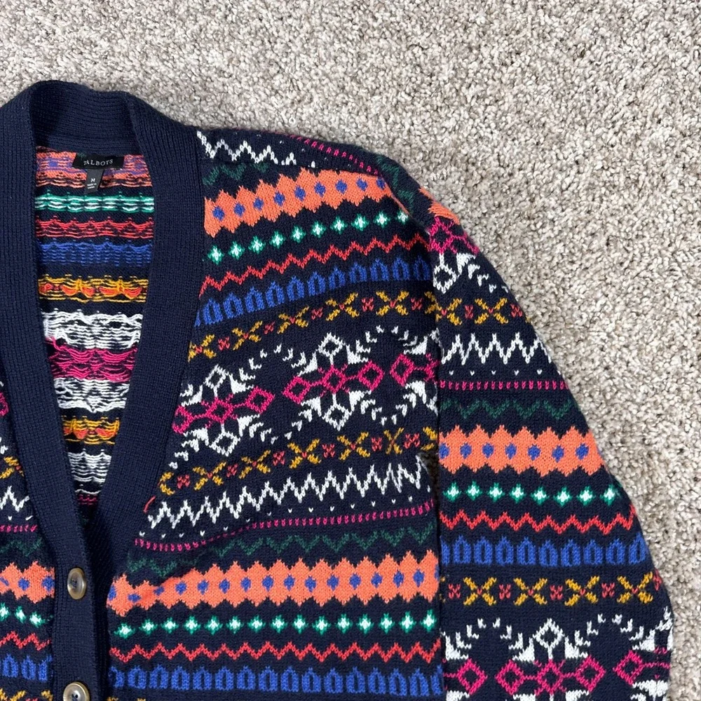 Talbots Cardigan Womens M Navy Fair Isle Button‎ Front Knit Sweater Long Sleeve